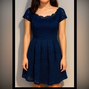 MissMay Retro Gorgeous City A-Line Dress Women's Short Sleeve Navy Lace
